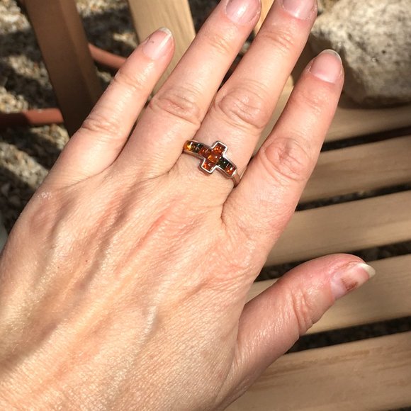 Baltic Amber Multicolor Cross Ring .925 Sterling Silver Genuine Gemstones - Picture 10 of 15
